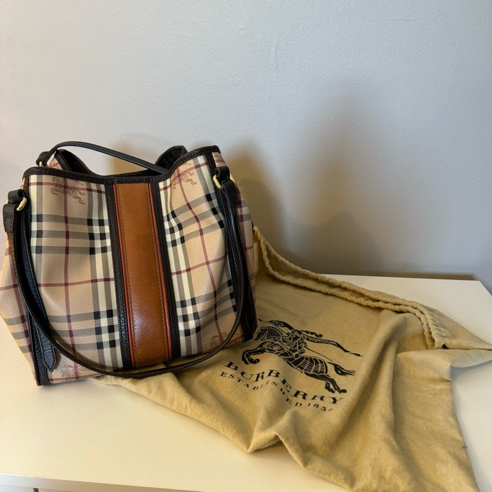 Burberry Authentic Leather Trim Color Block Haymarket Check Canterbury Tote Bag